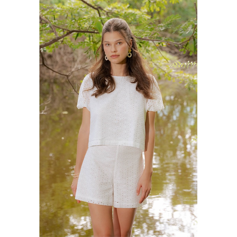 Eyelet Puff Sleeves Top White Extra Small