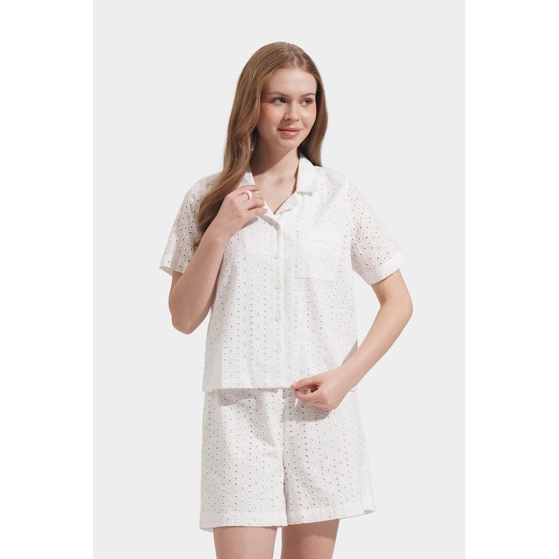 Eyelet Shirt With Crochet Pocket Detail White Extra Small