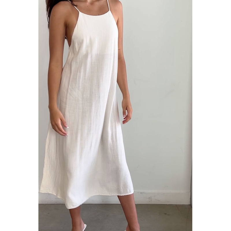 LINEN BLEND MIDI DRESS Oatmeal Extra Small