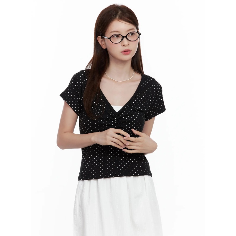 Polka Dot Shirred V-Neck Top CL502 Black S/M
