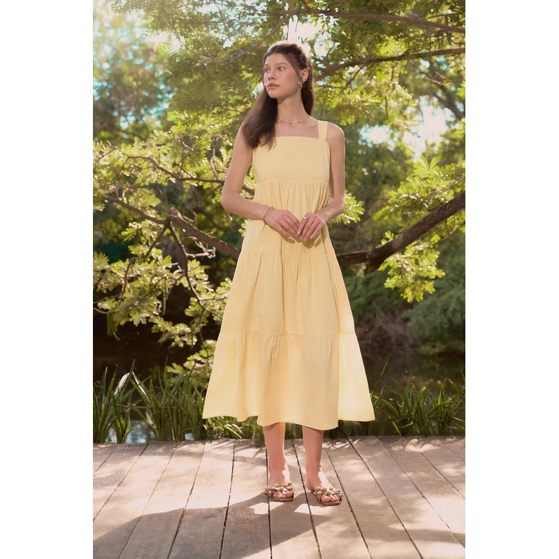 Square-Neck Sleeveless Tiered Dress Light Yellow Extra Small