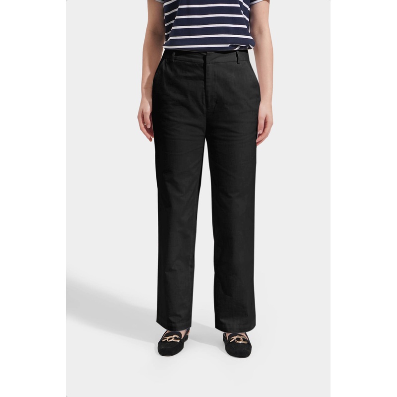 Straight Leg Linen Trousers Black Extra Small
