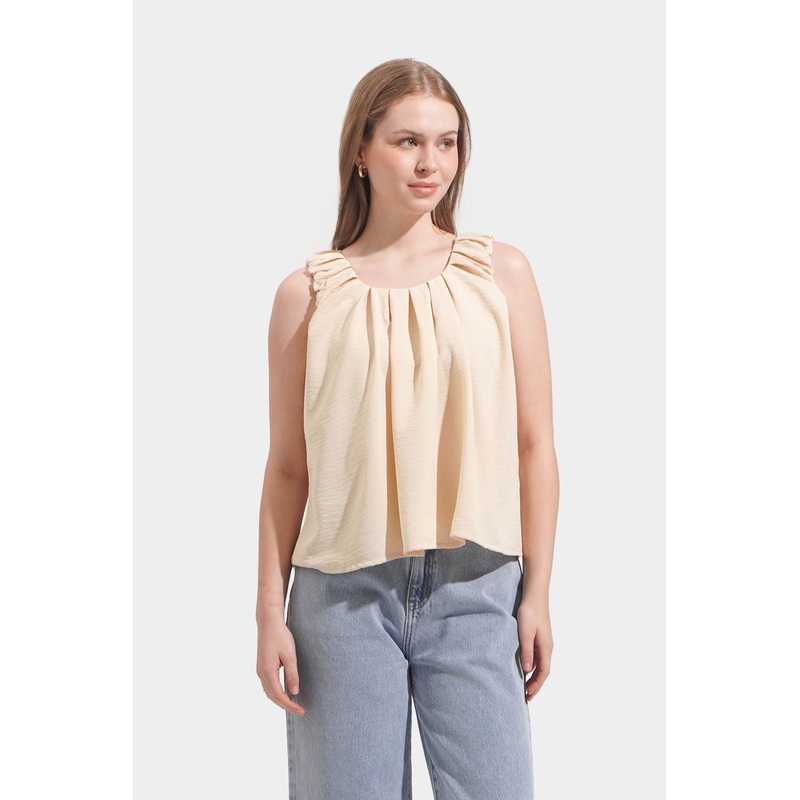 Textured Ruched Sleeveless Top Cream Extra Small