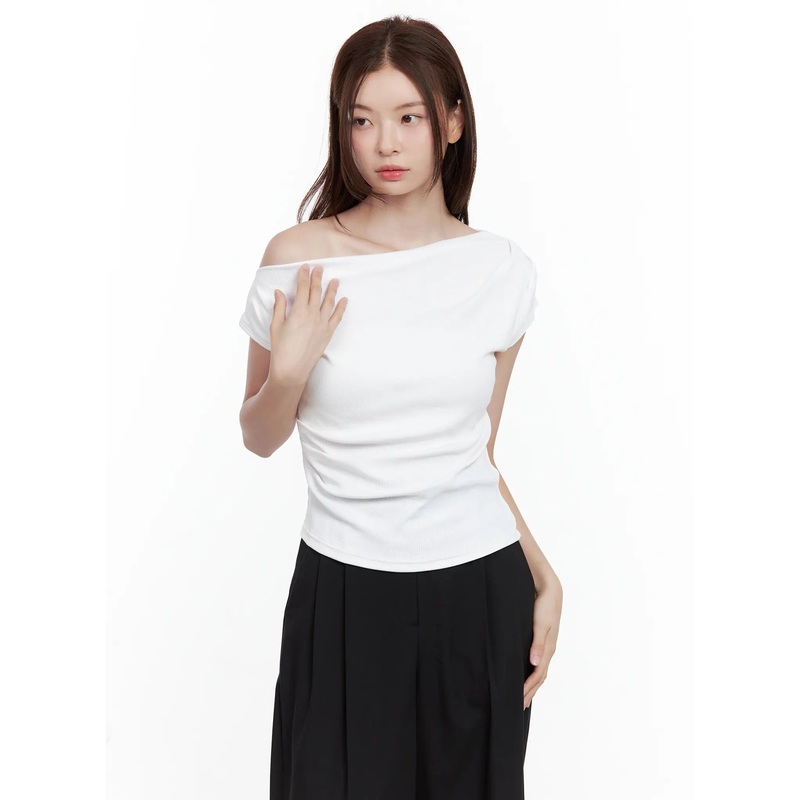 Asymmetrical Off-Shoulder Short-Sleeve Top CL502 White S/M