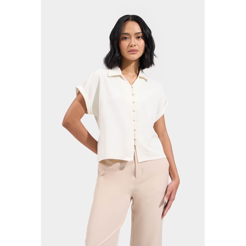 Collared V-Neck Top Off White Extra Small