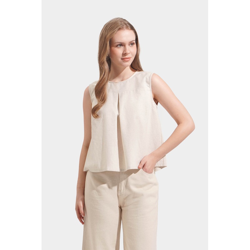 Linen Pleated Sleeveless Top Beige Extra Small
