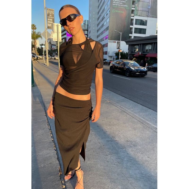 MESH LAYERED TOP Black Double Extra Small