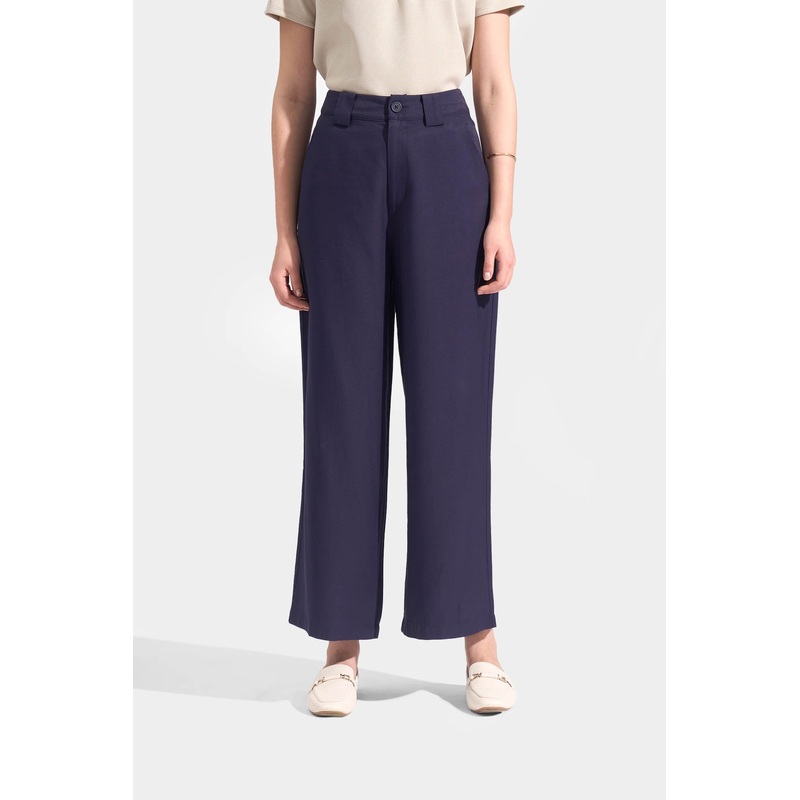 Pleated Flowy Wide Leg Trousers Navy Blue Extra Small