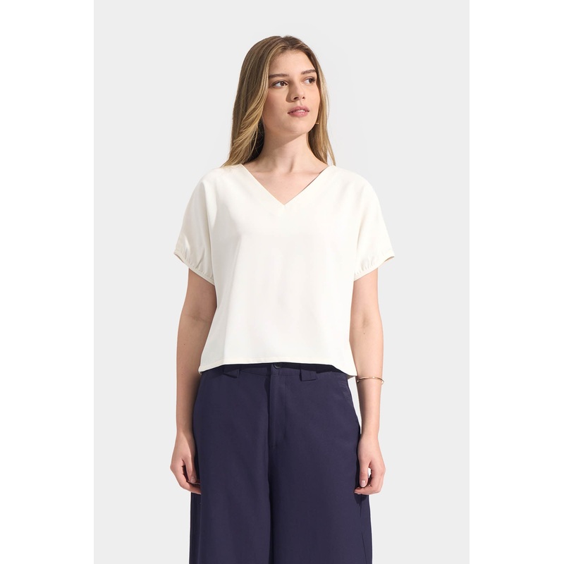 Puff Sleeves V-Neck Blouse Off White Extra Small