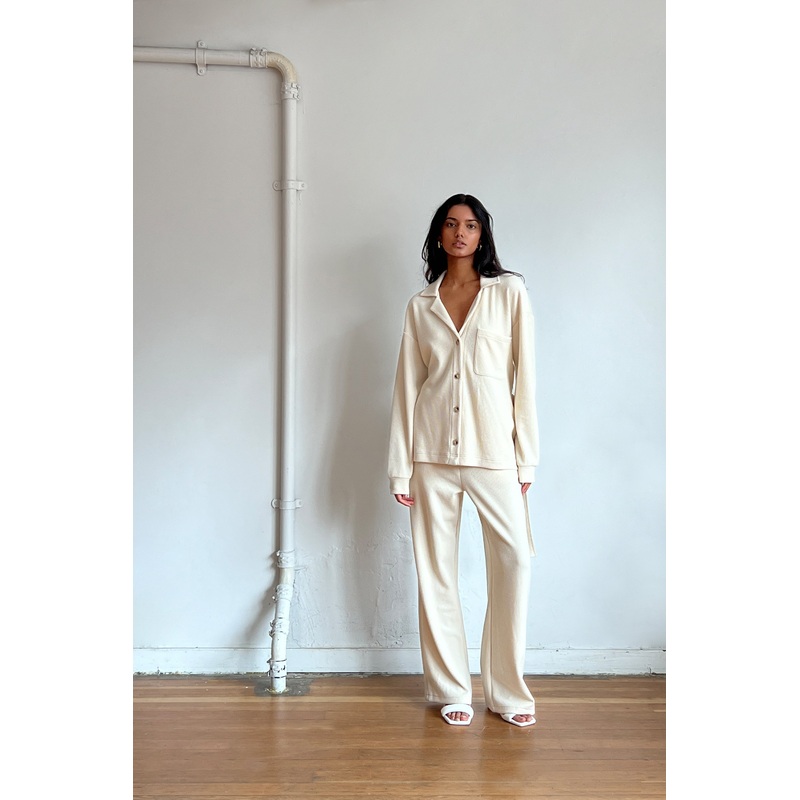 RIB-KNIT BUTTON UP TOP Oatmeal Double Extra Small