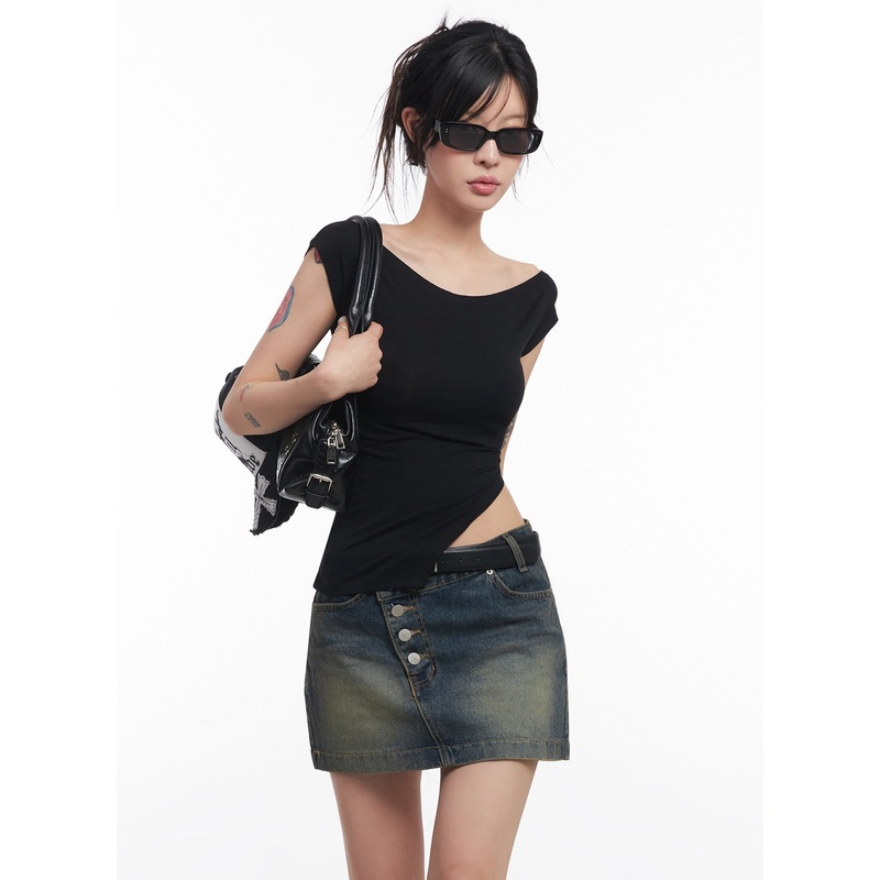 Slit Off-Shoulder Tee IC503 Black S/M