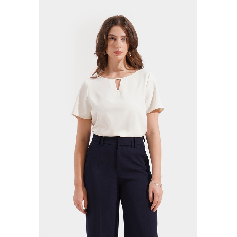 Blouse with Front Keyhole Off White Extra Small