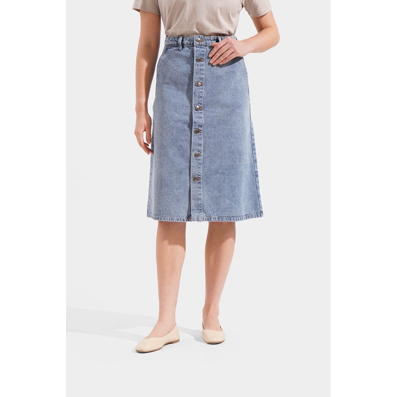 Denim A-Line Button Down Midi Skirt Denim Blue Extra Small