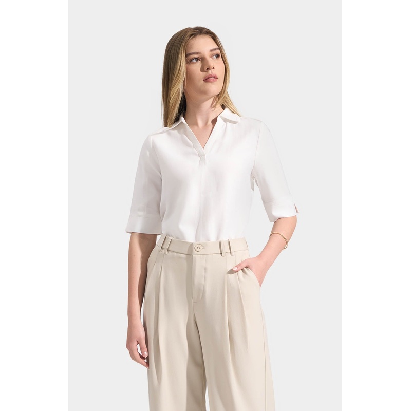 Elbow Sleeves Collared Shirt Off White Extra Small