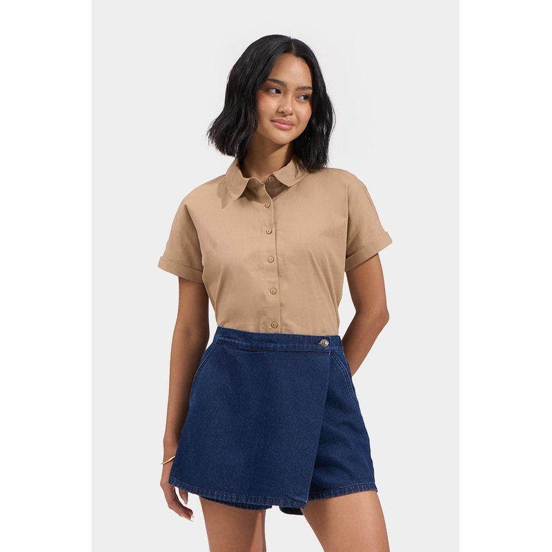 Linen Like Extended Sleeves Shirt Tan Extra Small