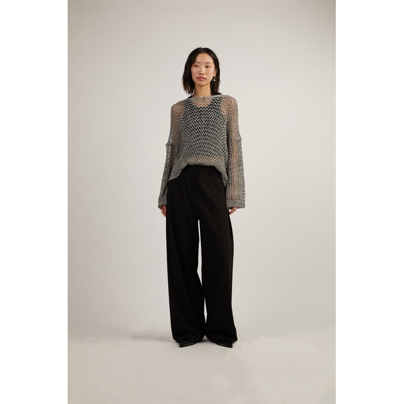 LONG SLEEVE CROCHET SWEATER GREY Small