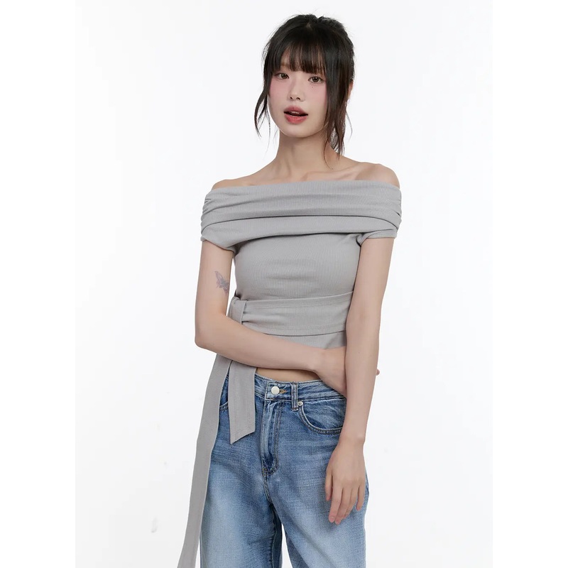 Off-Shoulder Tie Wrap Top CL504 Gray S/M