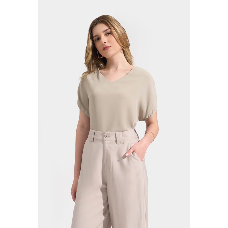 Puff Sleeves V-Neck Blouse Stone Extra Small