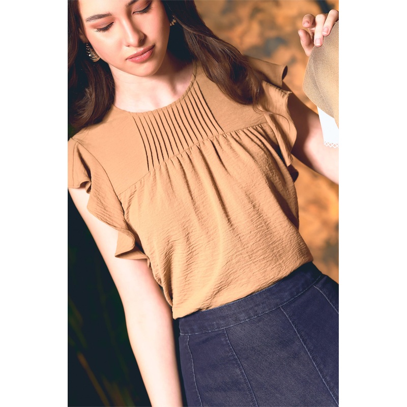 Ruffle Sleeves Blouse Tan Extra Small