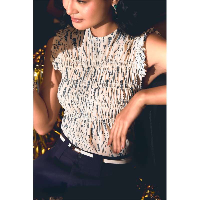 Smocked All Over Print Sleeveless Blouse Multi-Color Combination Extra Small