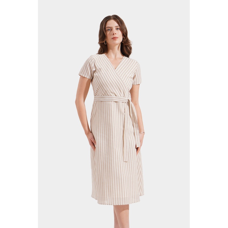 Striped Wrap Dress Cream Extra Small
