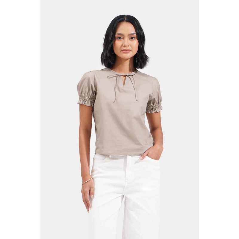 Tie-Front Puff Sleeves Blouse Stone Extra Small