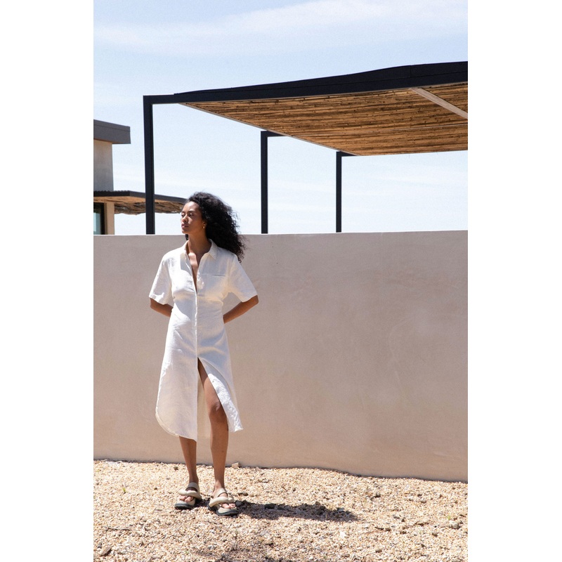 100% LINEN SHIRT DRESS Cream Extra Small