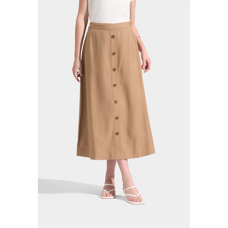 A-Line Maxi Skirt with Button Placket Detail Tan Extra Small
