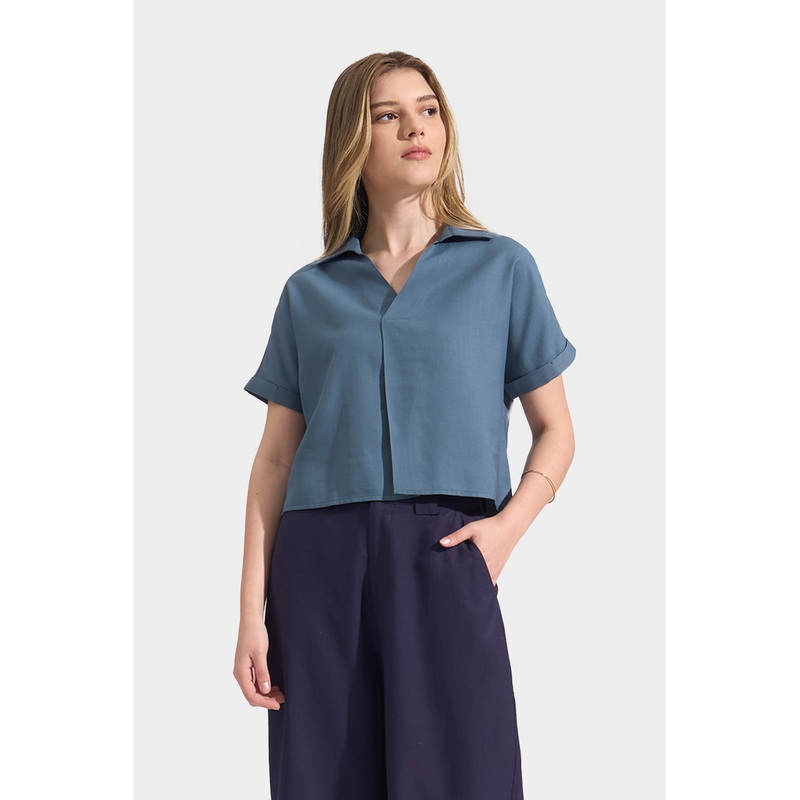 Collared Shirt with Pleat Detail Deep Teal Extra Small