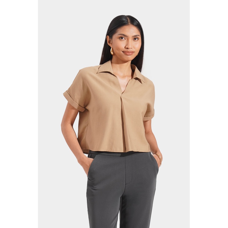 Collared Shirt with Pleat Detail Tan Extra Small