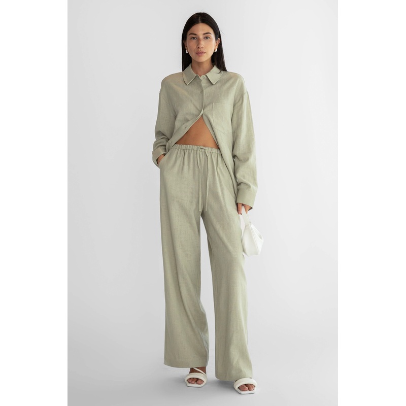 LINEN BLEND WIDE LEG PANT Moss Grey Double Extra Small