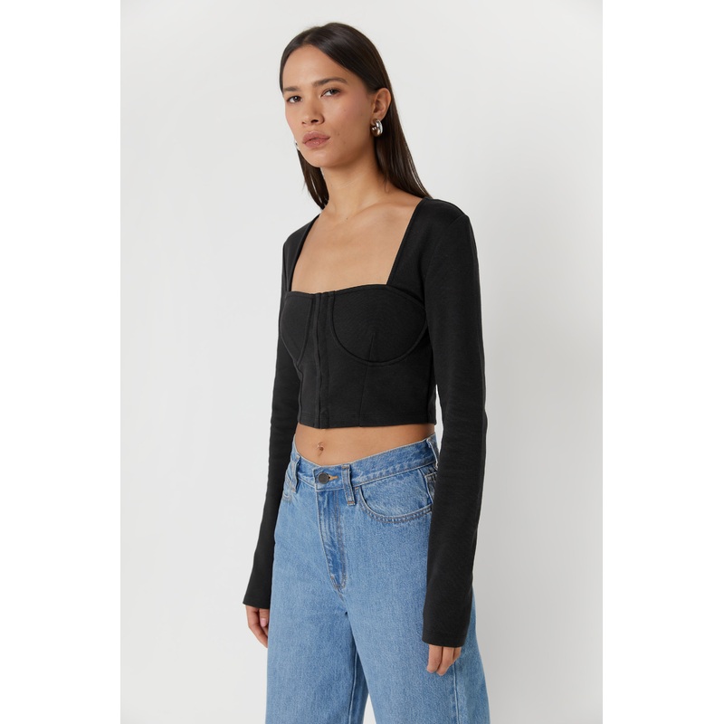 LONG SLEEVE BUSTIER TOP Black Double Extra Small