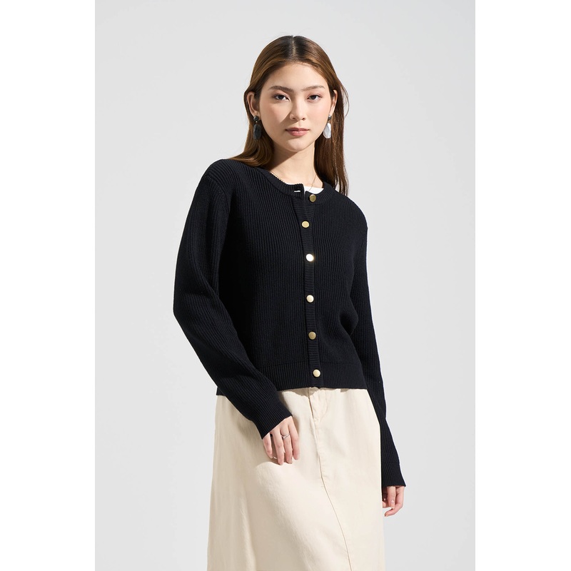 Button Down Knit Cardigan with Jewelry Buttons Black Extra Small