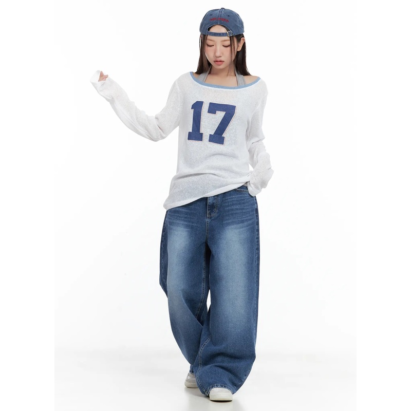 Graphic Linen Loose-Fit Long-Sleeve Tee CL509 White M/L