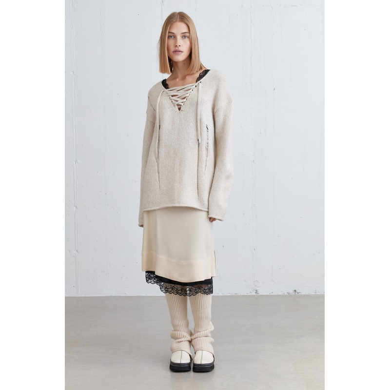 LACE-UP DISTRESSED SWEATER Oatmeal Extra Extra Small Extra Small