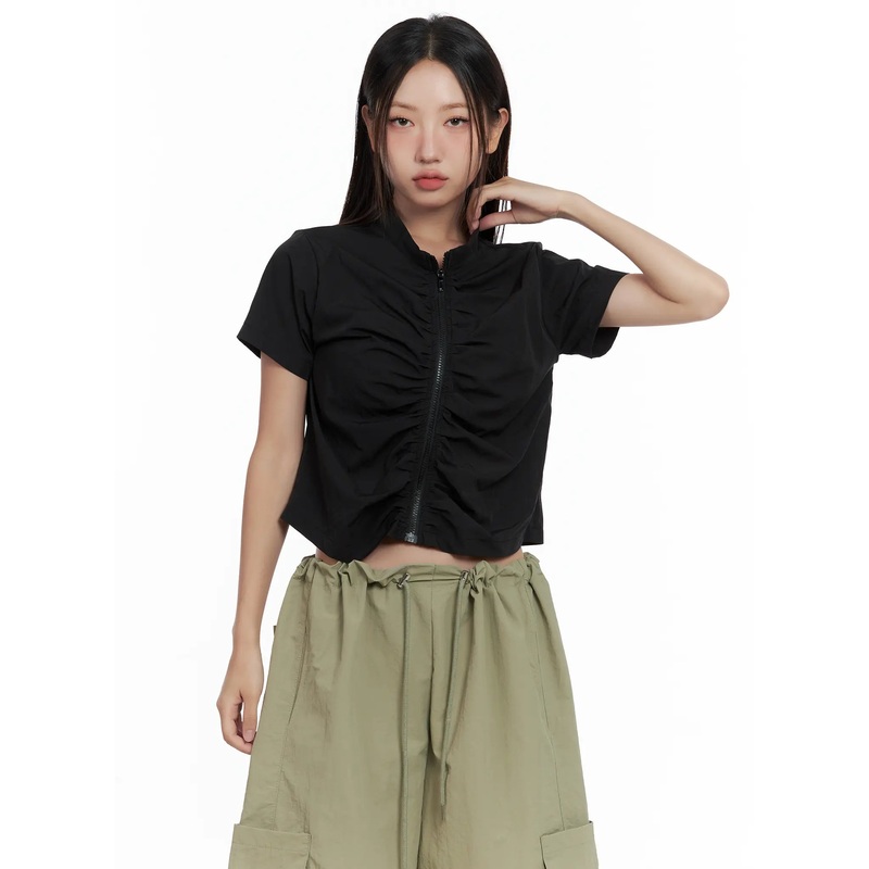 Shirred Zip Nylon Short-Sleeve Jacket CL509 Black S/M