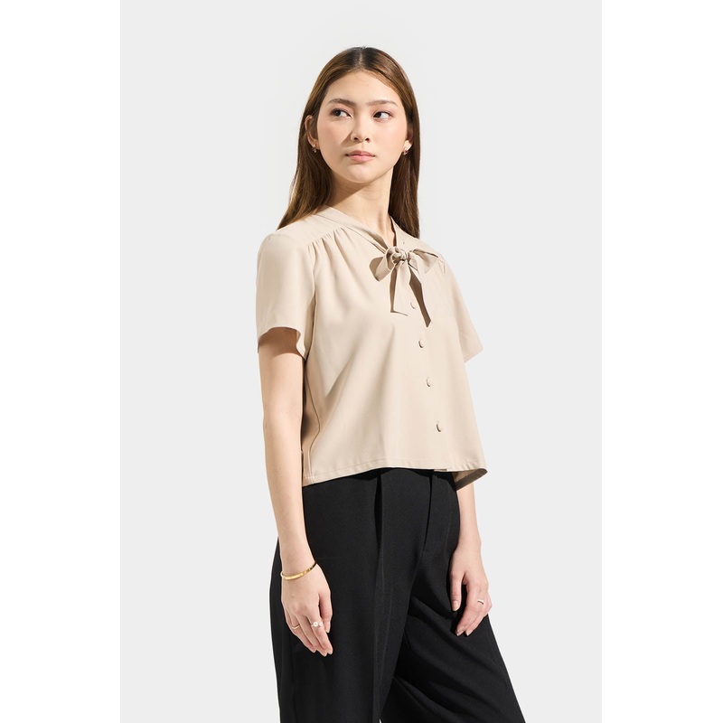 Button Down V-Neck with Tie Blouse Sand Extra Small