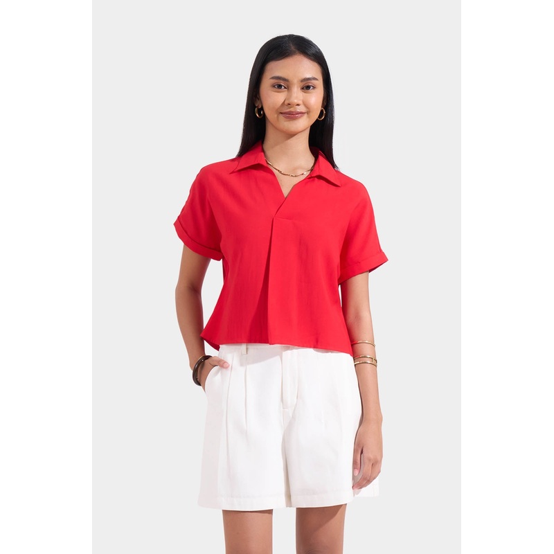 Collared Shirt with Pleat Detail Red Extra Small