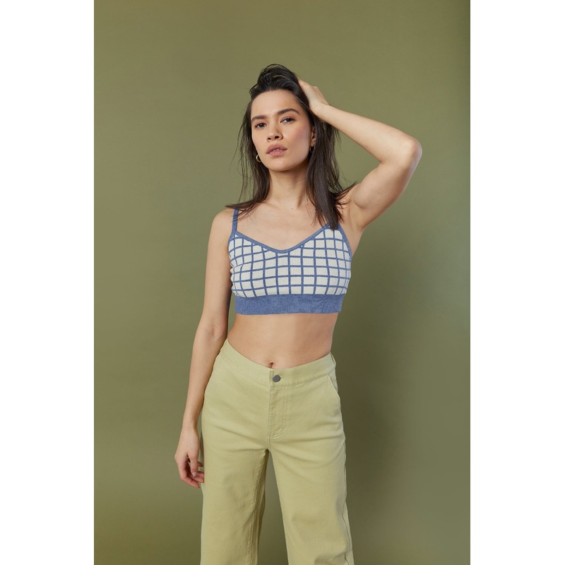 KNIT BRALETTE WITH GRID PATTERN Classic Blue Cream Grid Extra Small