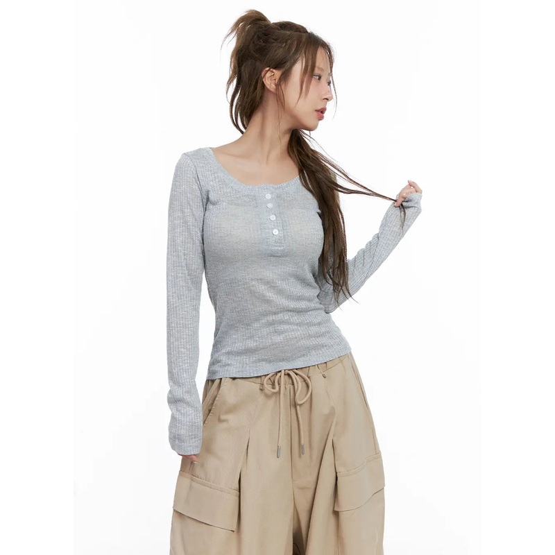 Ribbed Sheer Long-Sleeve Top CL514 Light gray S/M