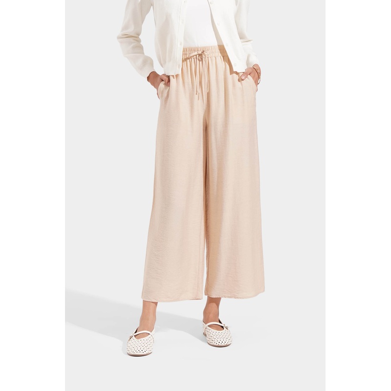 Straight Leg Pull Up Drawstring Trousers Sand Extra Small