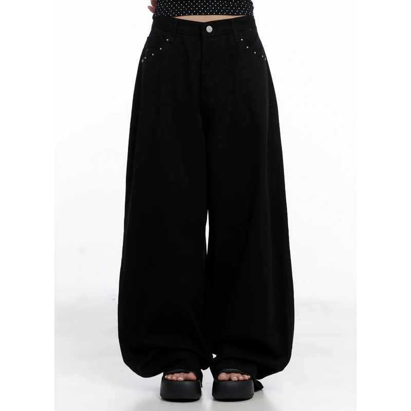 Tzuyu Studded Wide-Leg Cotton Pants CL511 Black S