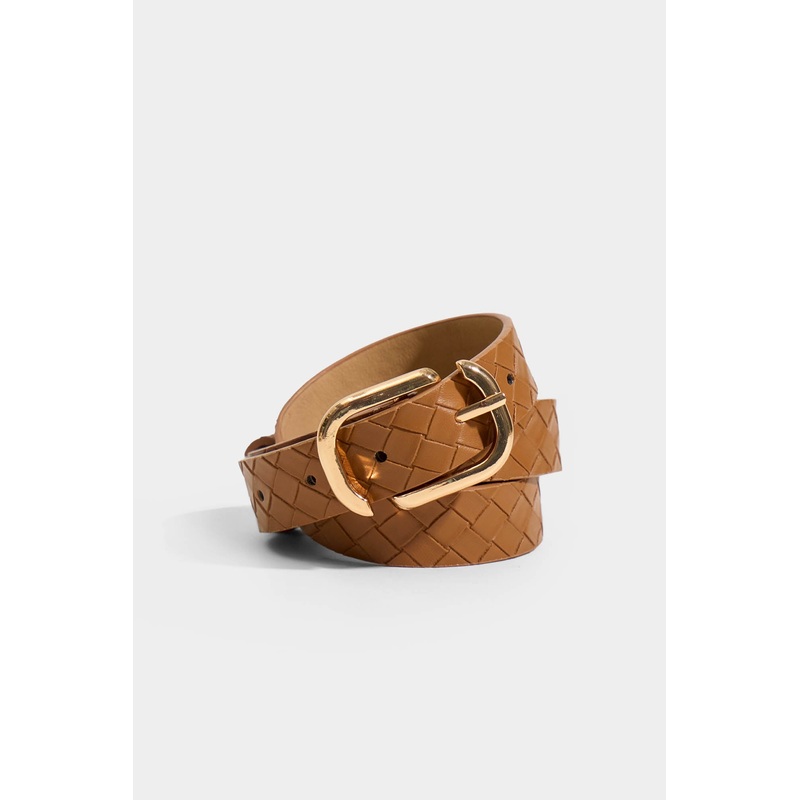 Woven Leather Belt with Oval Buckle Tan Free Size
