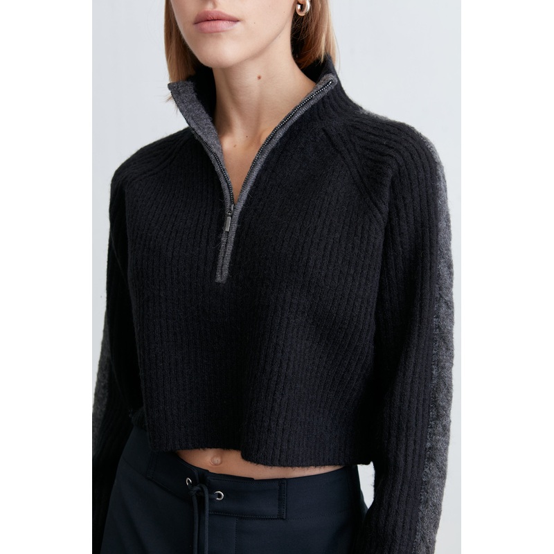 HALF ZIP SWEATER WITH CONTRAST DETAILS Black Dark Heather Grey Double Extra Small