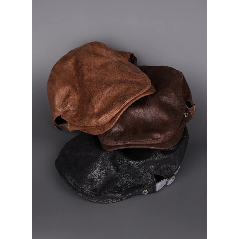 Men’s Vintage Faux-Leather Flat Cap IL514 Black One Size