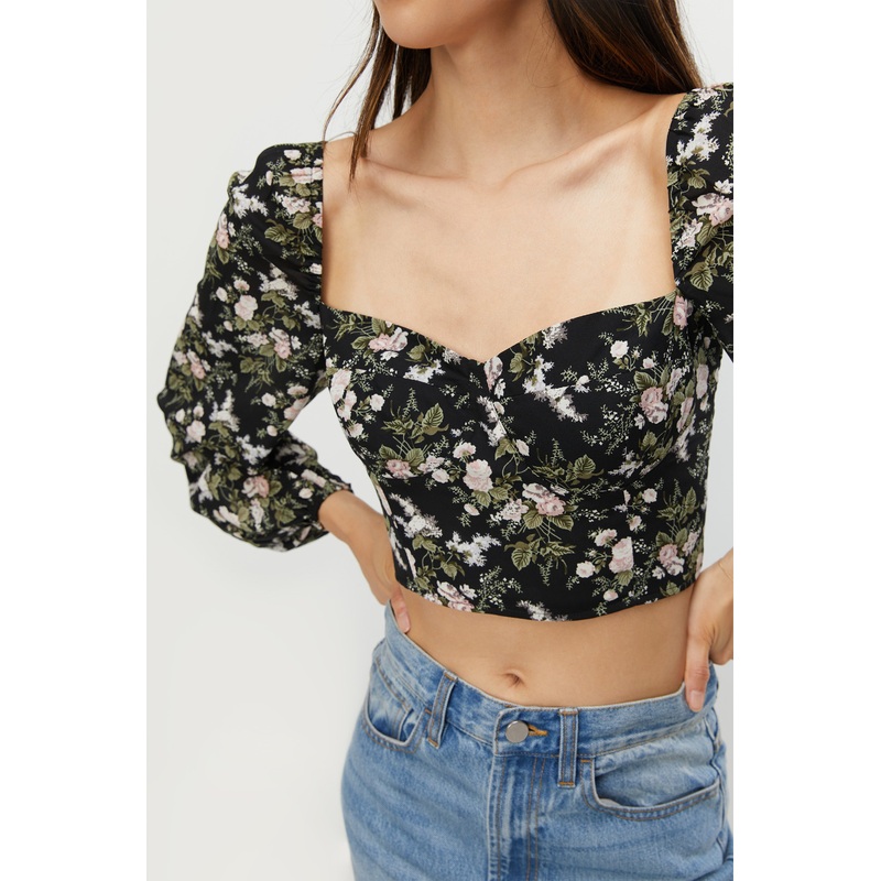 FLORAL PUFF SLEEVE TOP Black Floral Double Extra Small