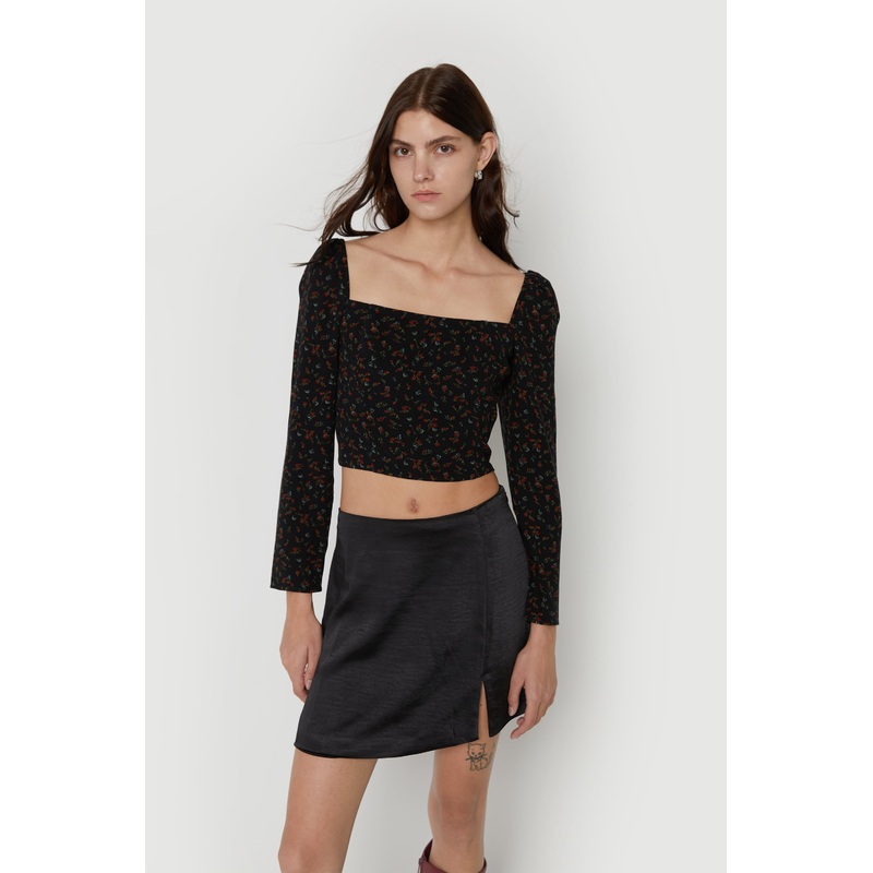 FLORAL SQUARE NECK BLOUSE Turkish Coffee Garden Print Double Extra Small