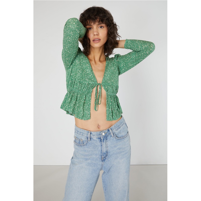 FLORAL V-NECK BLOUSE Bright Mint Print Extra Small