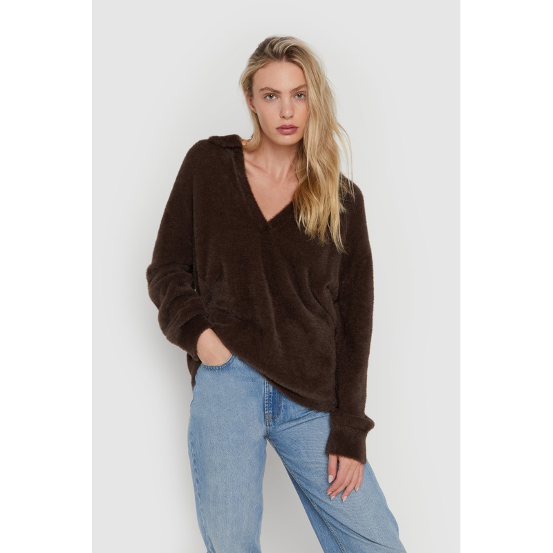 FUZZY COLLARED SWEATER Chocolate Brown Extra Extra Small Extra Small