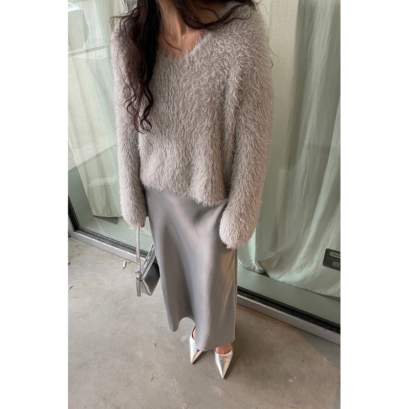 FUZZY V-NECK SWEATER Beige Small